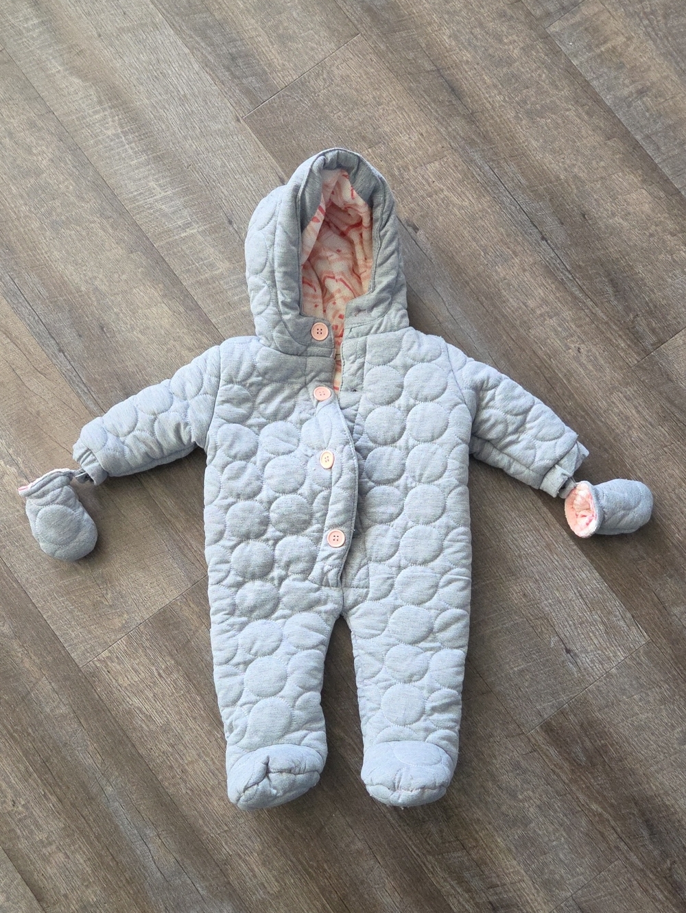 Jessica Simpson Gray Quilted Hooded Infant One-Piece with Pink Lining